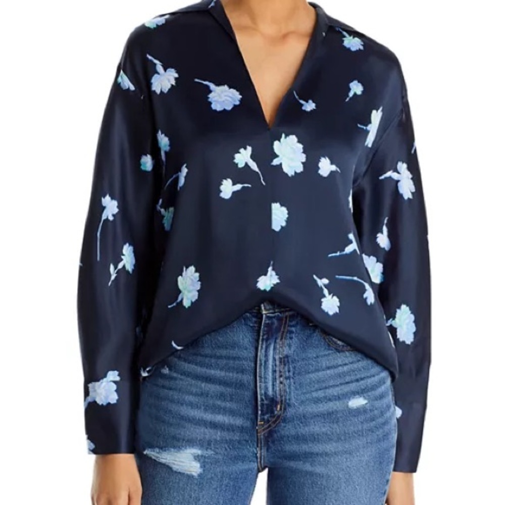 Vince Designer Sea Carnation Print Silk Blouse 2x 100% Silk